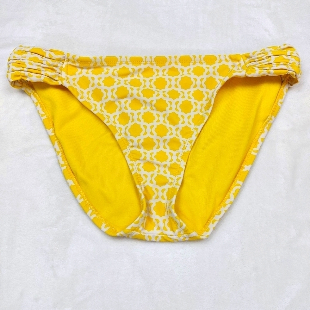 JC PENNEY WOMENS YELLOW AND WHITE GEOMETRIC PRINT RUNCHED SIDE BIKINI BOTTOM L